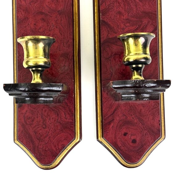 Vintage Pair of Wooden Wall Candleholders Sconces with Brass Candle Taper - Picture 3 of 9
